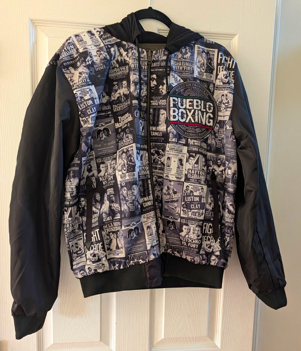 Pueblo Boxing Men's Hooded Bomber Jacket Full Zip Gray/Black Graphic Print L